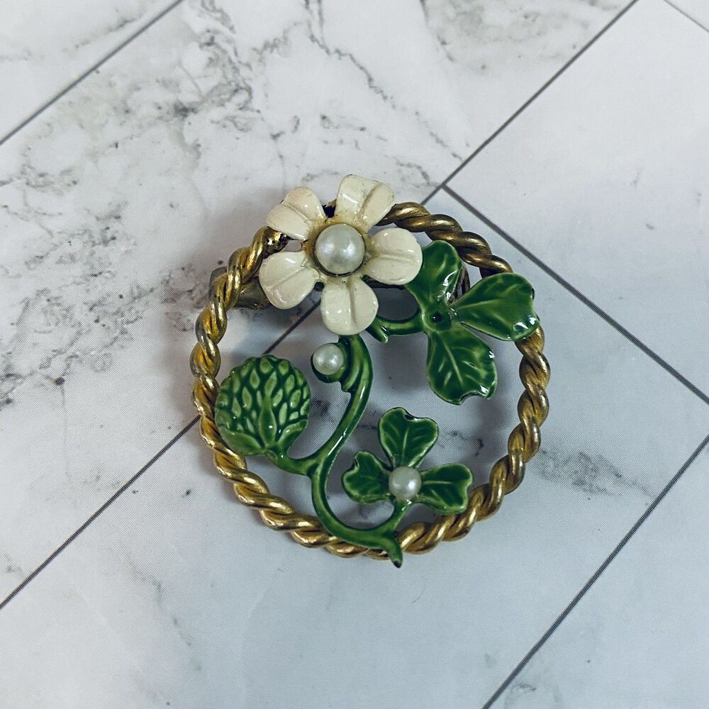 Vintage Enamel Clover Brooch Yellow Flower Green Leaves Faux Pearl Lucky